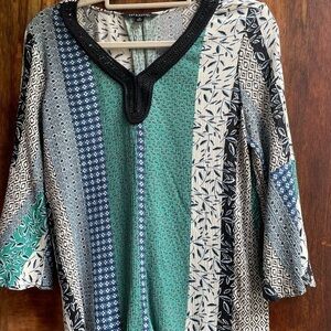 Patchwork Boho Festival Whimsical Peasant Top Sz M Lightweight Multi Print